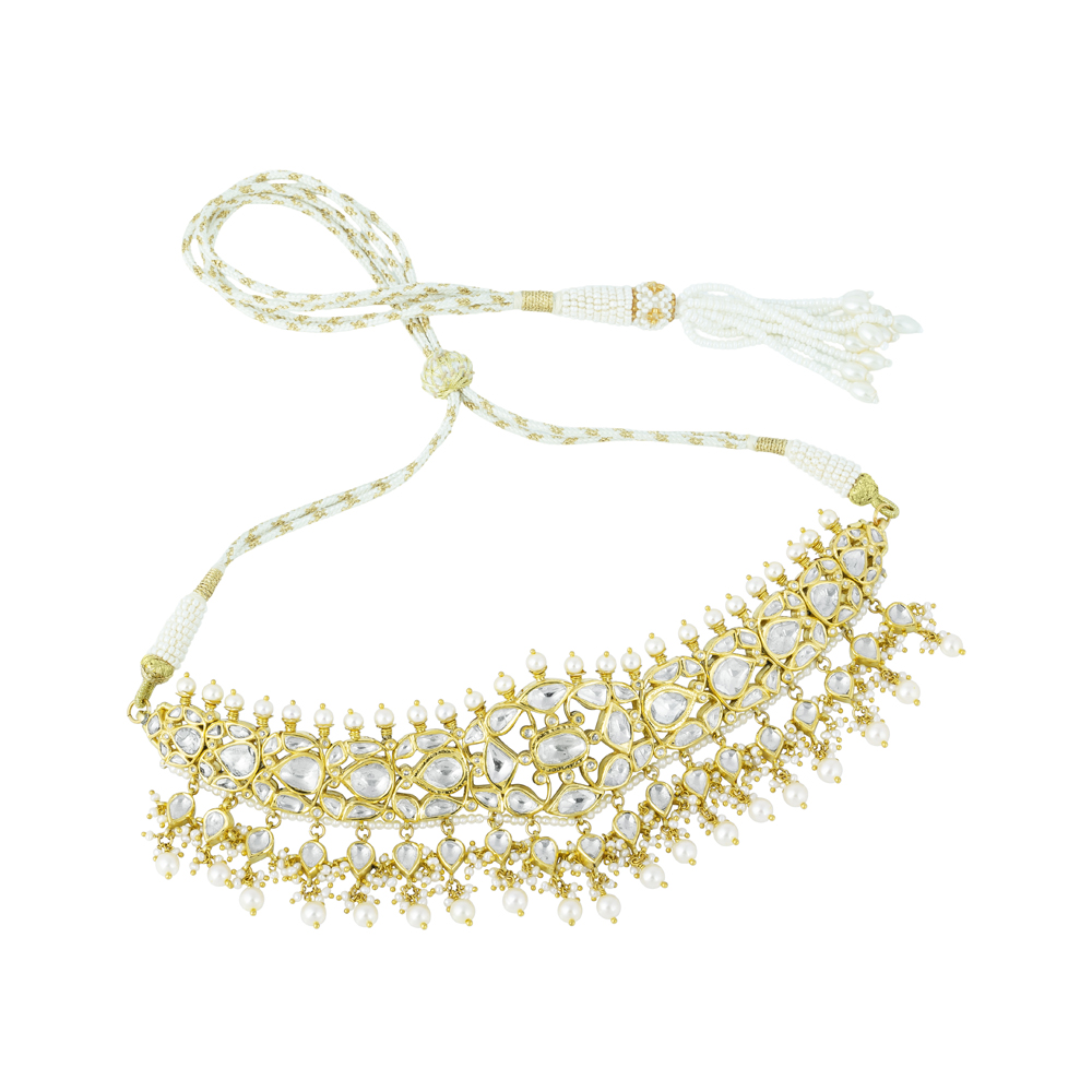 Polki Lattice Choker with Gold Framing & Pearl Cascades